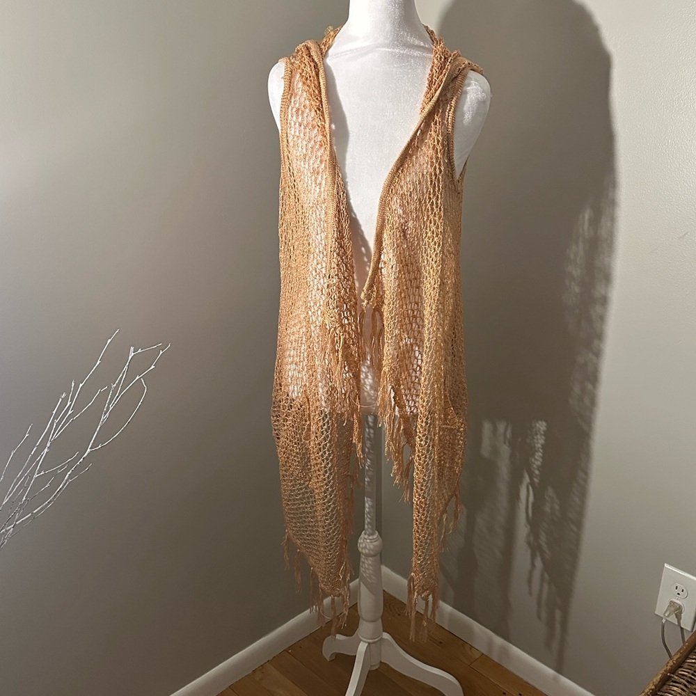 Pol Crochet Sleeveless, Hooded Kimono Vest, Sz M